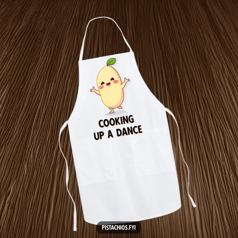 Funny Apron: Cheerful cashew character performing a silly dance while cooking, adding nutty humor and joy to kitchen tasks.
