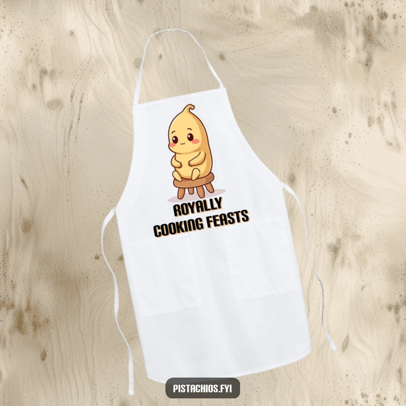 Funny apron showcasing a regal Brazil nut character sitting on a stool, ideal for adding royal flair to the kitchen.
