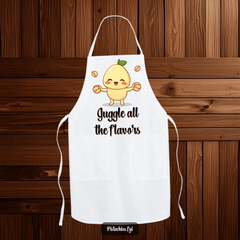 Funny apron showcasing a cheerful pistachio character juggling shells. This humorous kitchen wear provides protection with a side of playful skill.
