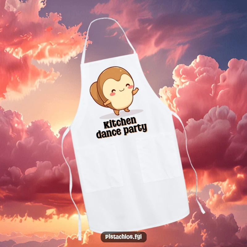Funny hazelnut character dancing on a smooth surface, featured on a practical and humorous apron.