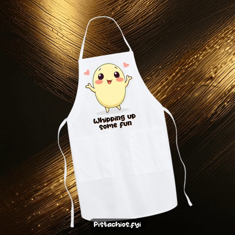 Funny apron with a happy pistachio character dancing while cooking. This humorous kitchen wear is perfect for adding fun to meal prep.