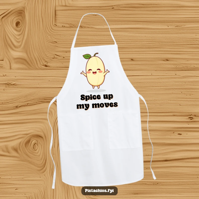 Funny apron displaying a delighted pistachio character joyfully dancing, perfect for adding cheer to culinary activities.