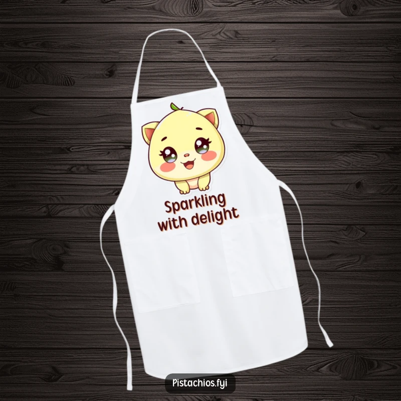 Funny apron featuring a delighted pistachio character with sparkling eyes, perfect for joyous nutty kitchen moments.