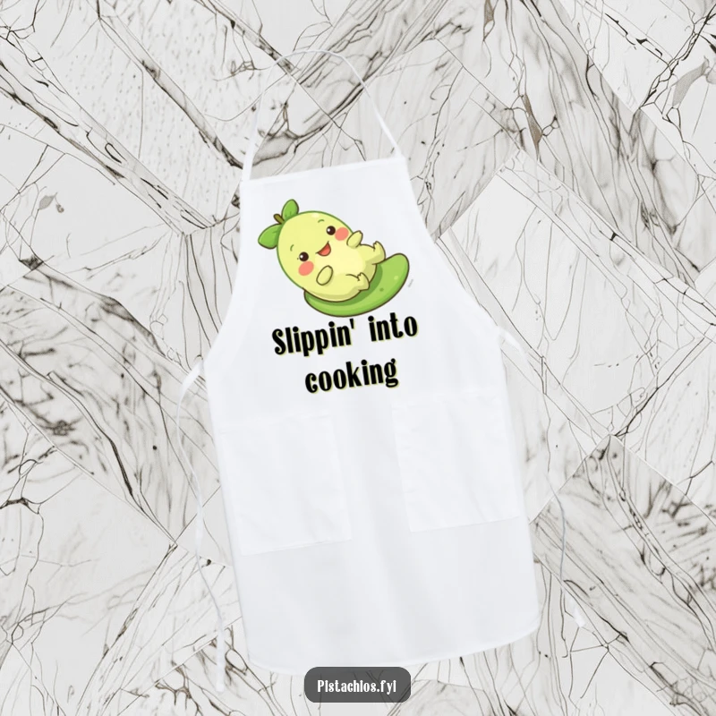 Funny Pistachio Slide Apron showing a character gleefully sliding, perfect for a humorous cooking experience.