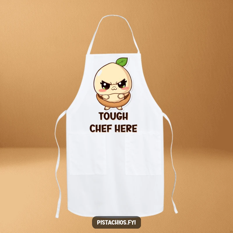 Funny apron showcasing a macadamia nut character acting tough within its small shell, ideal for kitchen duties with nutty humor.