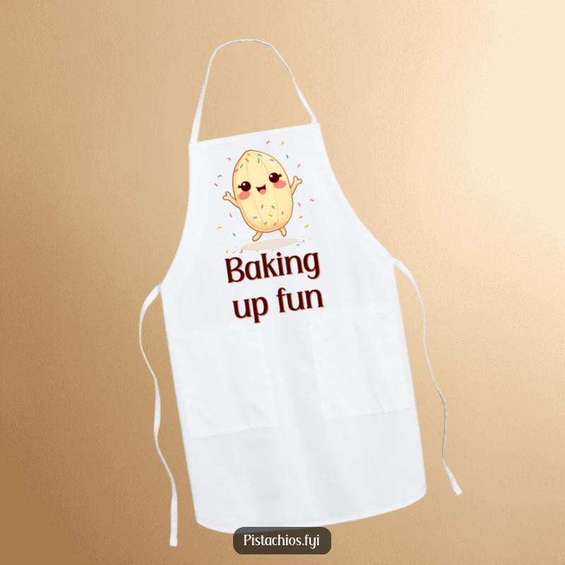 Funny apron design of a delighted pistachio character dancing with colorful sprinkles, adding a festive kitchen vibe.