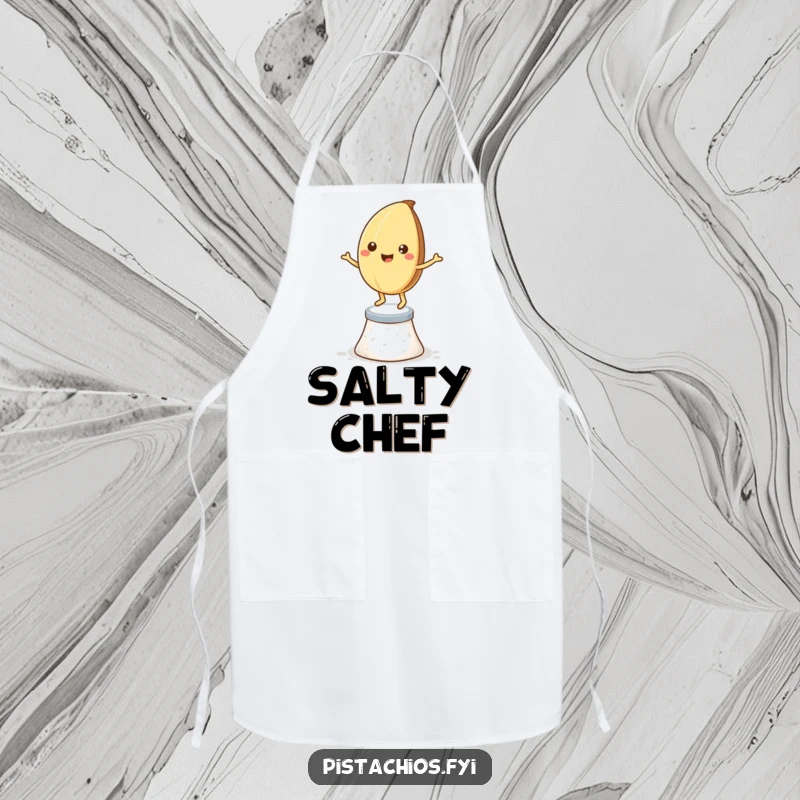 Funny apron: a smiling pistachio nut dancing on salt crystals, great for kitchen fun and protection.