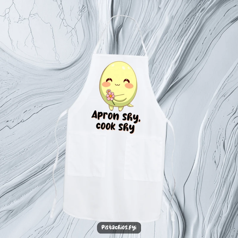 Funny apron showcasing a shy pistachio character blushing while holding a tiny flower, perfect for shy bakers and cooks.
