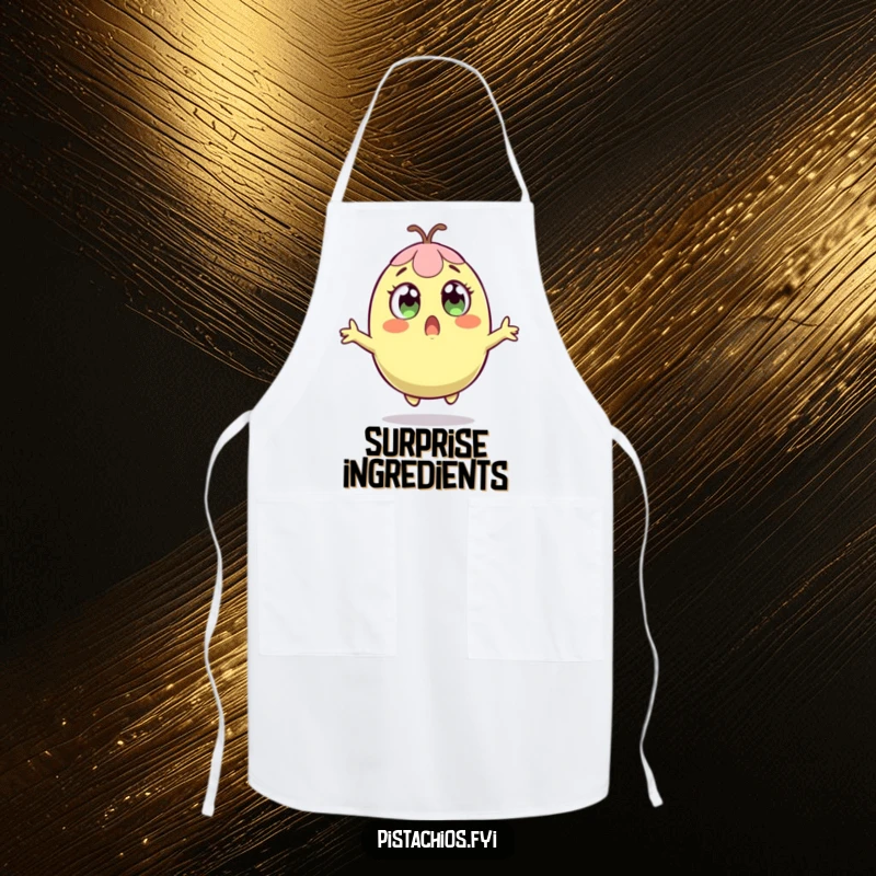 Funny apron showcasing a pistachio leaping in surprise, perfect for kitchen use with a humorous, reactive theme.