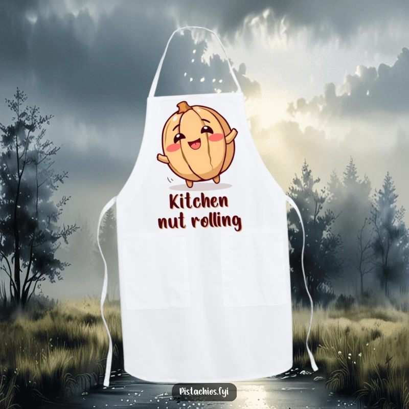 Funny cooking apron featuring a giggling walnut character rolling with glee, adding a touch of nutty humor to culinary tasks.