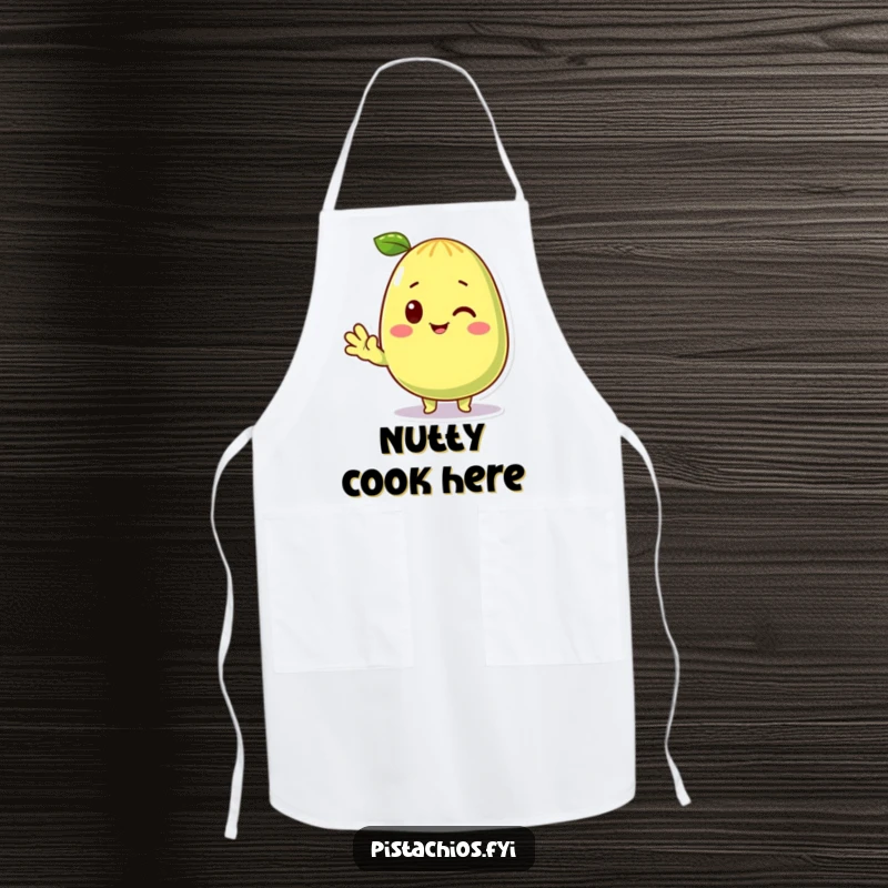 Funny Apron featuring a cute pistachio character waving hello. A superb funny gift for snack-loving bakers and chefs.