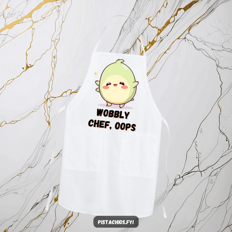 Funny apron displaying a wobbly pistachio character in a playful wobble, perfect for adding humor to kitchen activities.