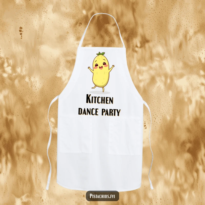 Funny apron featuring a cheerful pistachio character performing a silly jig, perfect for kitchen use and dance enthusiasts.