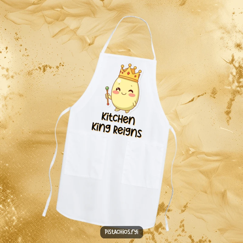 Funny pistachio character in a crown and scepter, featured on a practical and humorous apron.