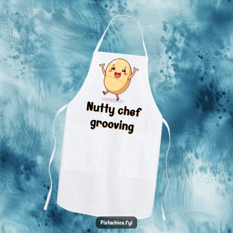 Funny nutty dance apron, a cheerful shelled nut character dancing joyfully, humorous and practical kitchen wear.