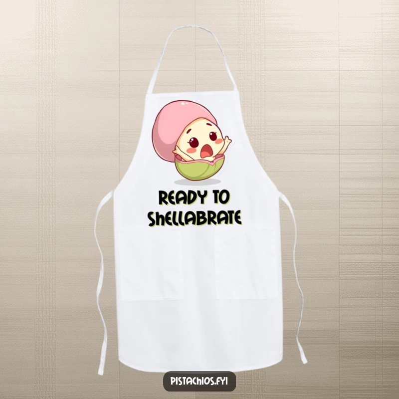 Funny apron featuring a surprised pistachio character comically leaping from its shell, designed for kitchen fun and laughter.