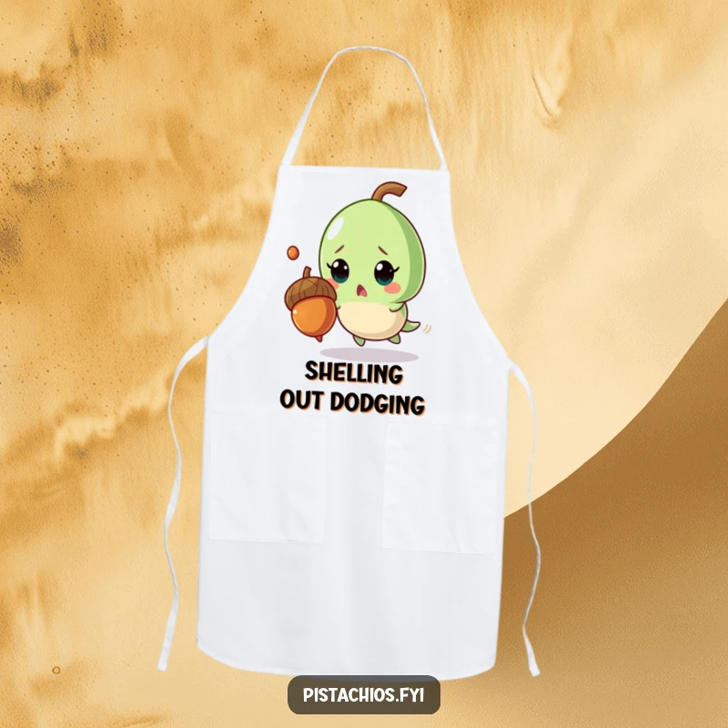 Funny apron design of a surprised pistachio character comically dodging a falling acorn while perhaps cooking, adding kitchen humor.