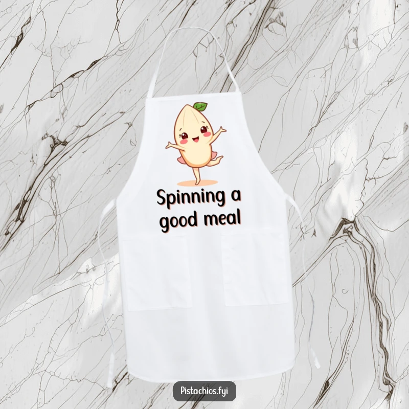 Funny apron showcasing a happy almond character performing a graceful pirouette, ideal for keeping clean with nutty artistic flair.