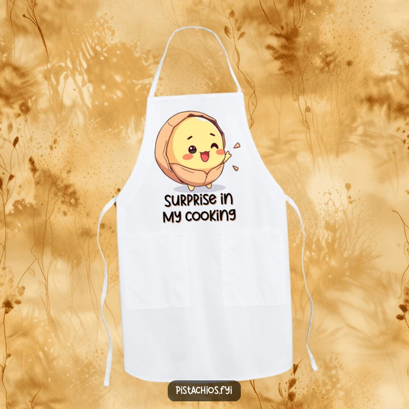 Funny apron showcasing a pistachio character cracking open with surprise and joy. This humorous kitchen wear provides both protection and laughter.