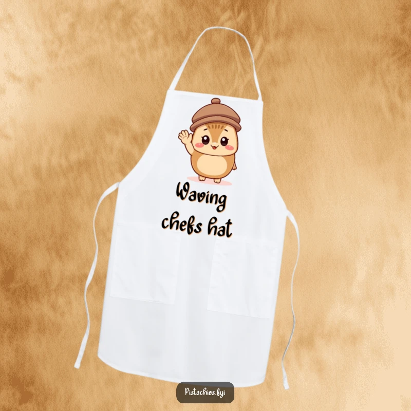 Funny Apron featuring a cheerful hazelnut character wearing a tiny hat and waving, bringing a friendly and fun spirit to the kitchen.