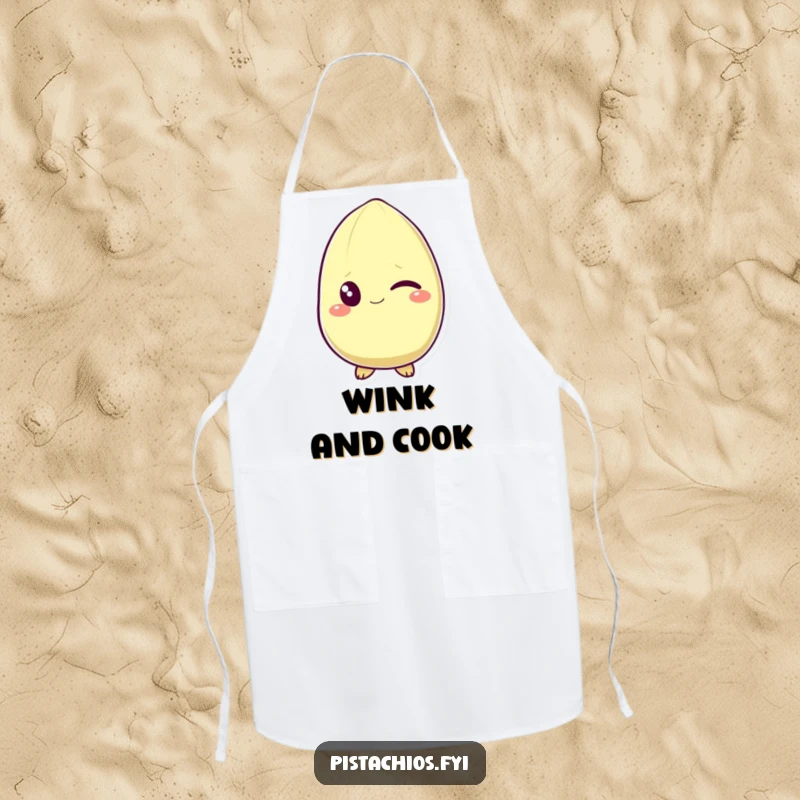 Funny apron showcasing a pistachio character winking with a grin. This humorous kitchen wear provides protection with a stylish, cheeky touch.