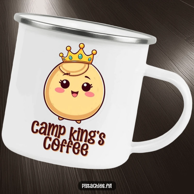 Funny crowned nut camping mug, happy nut character wearing a tiny crown and beaming, rugged and humorous for outdoor use.