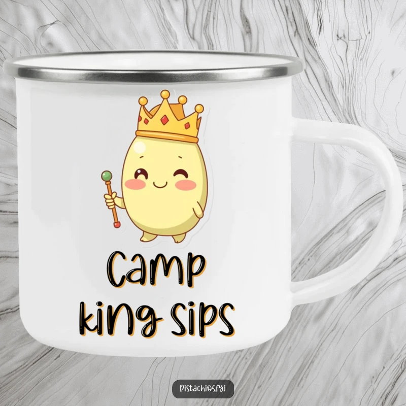 Funny pistachio wearing a crown and scepter on a durable camping mug, perfect for regal adventurers.