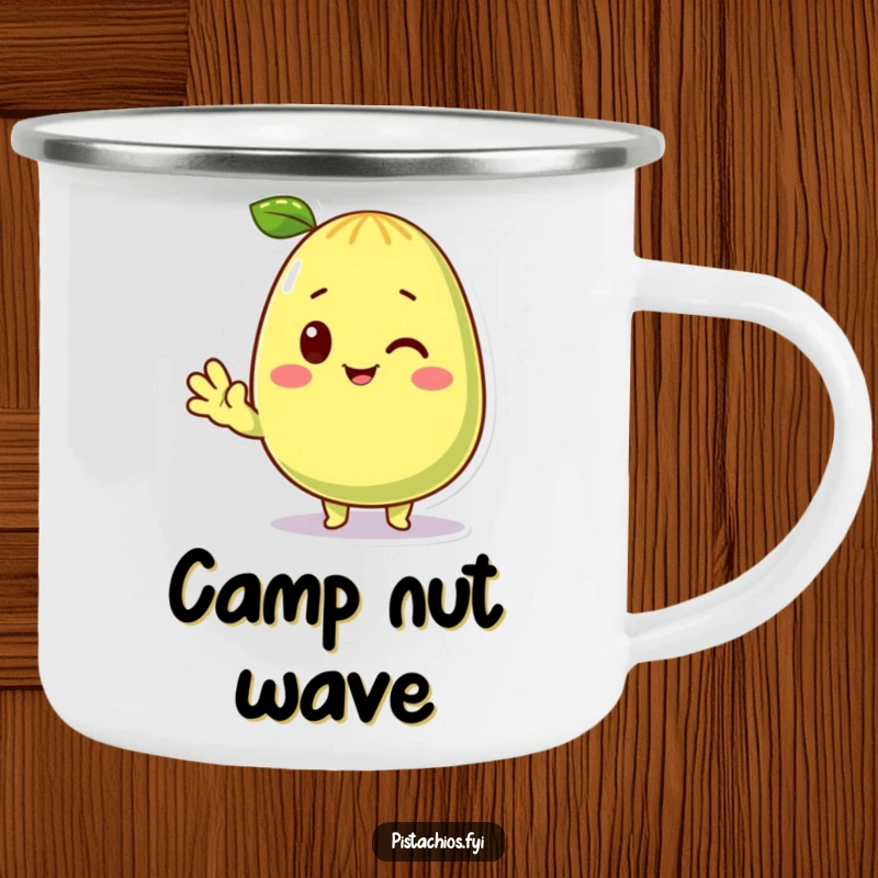 Funny Camping Mug showing a cheerful pistachio character waving hello. Ideal funny gift for outdoor lovers and snack enthusiasts.