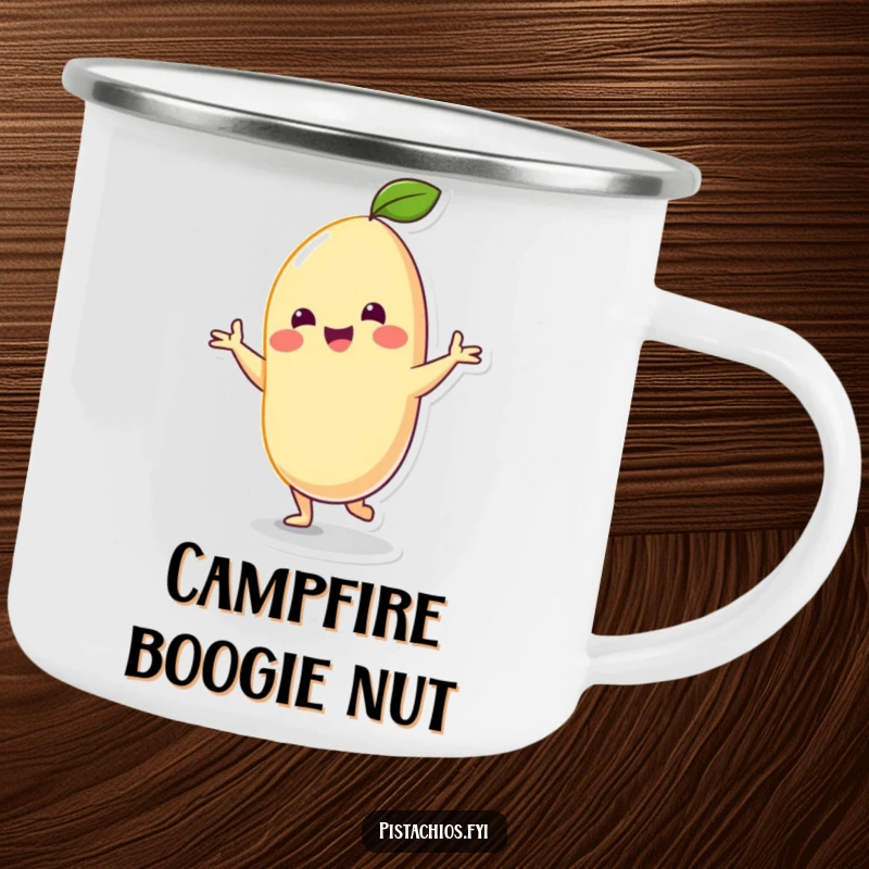 Funny Camping Mug: Cheerful cashew character performing a silly dance, ideal for outdoor drinks with a dose of nutty, humorous energy.
