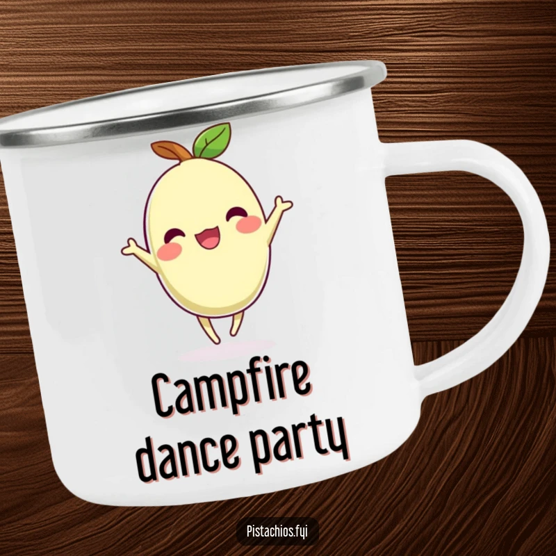 Funny camping mug with a pistachio dancing, perfect for enjoying drinks outdoors with a joyful and humorous spirit.