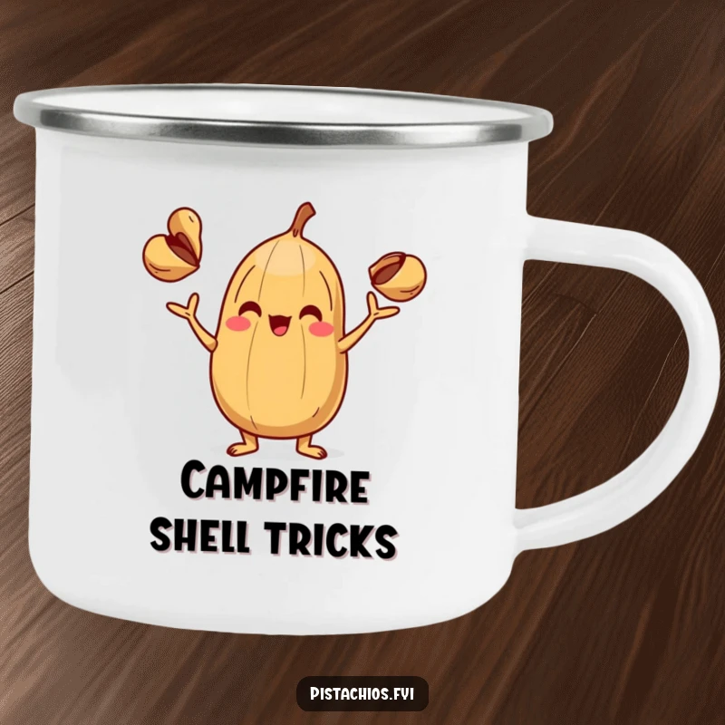 Funny Camping Mug: A playful nut character expertly juggling shells, designed for durability and fun during outdoor excursions.