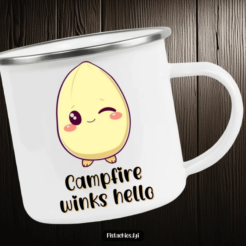 Funny camping mug featuring a pistachio character winking with a grin. This durable and humorous mug is perfect for campsite fun and enjoyment.