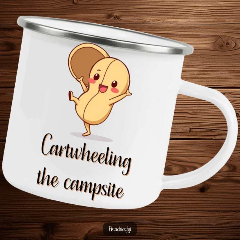 Funny Camping Mug featuring a playful peanut character doing a cartwheel with its shell open, perfect for outdoor fun and energetic brews.