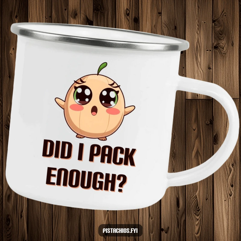 Funny Camping Mug: A Surprised Brazil Nut Character with Wide Eyes Encountering Something Shocking Outdoors.
