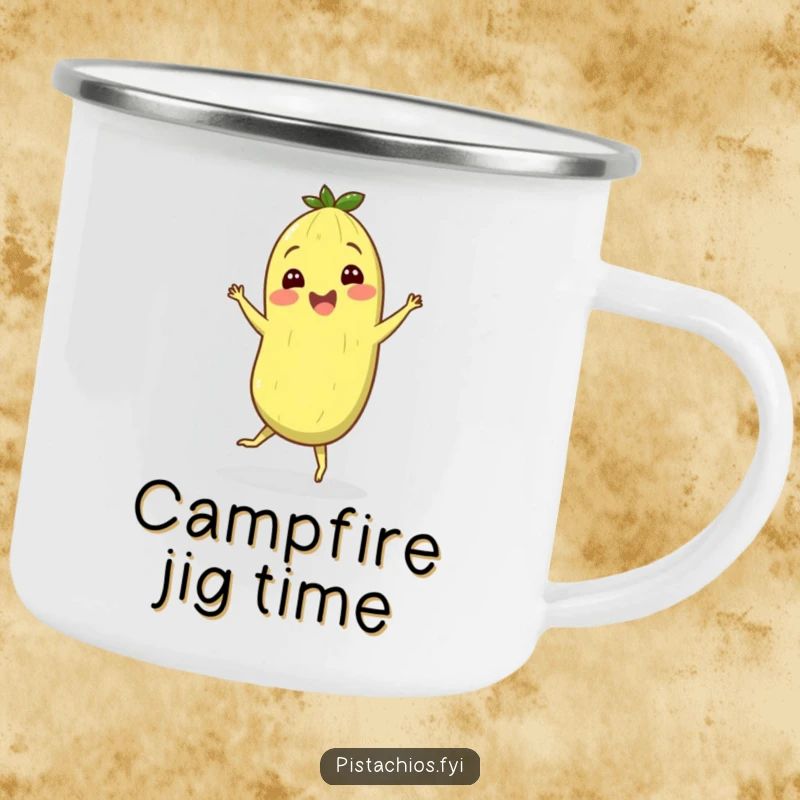 Sturdy funny camping mug featuring a cheerful pistachio character dancing a jig, ideal for outdoor adventures.