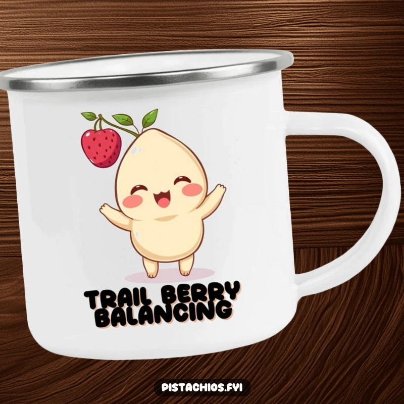 Funny camping mug showing a delighted cashew character balancing a berry on its head, ideal for enjoying drinks outdoors.