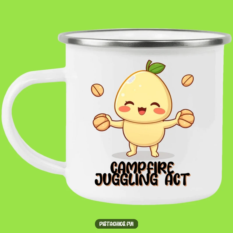 Funny Cheerful Pistachio Juggling Camping Mug: Enjoy Outdoors with Hilarious Skill
