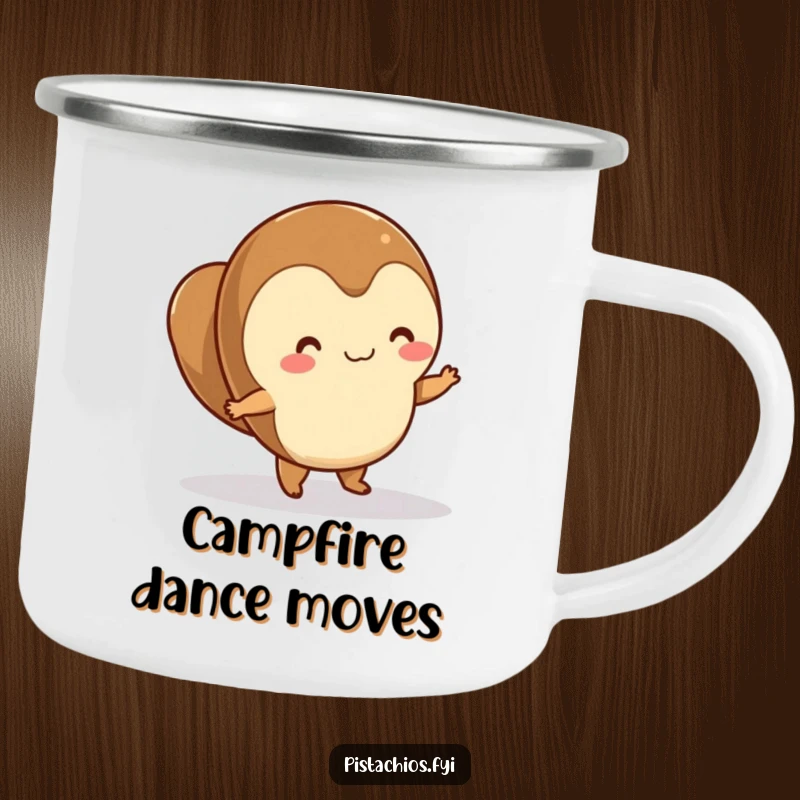 Funny hazelnut character dancing on a smooth surface on a durable camping mug, perfect for active outdoorsy types.