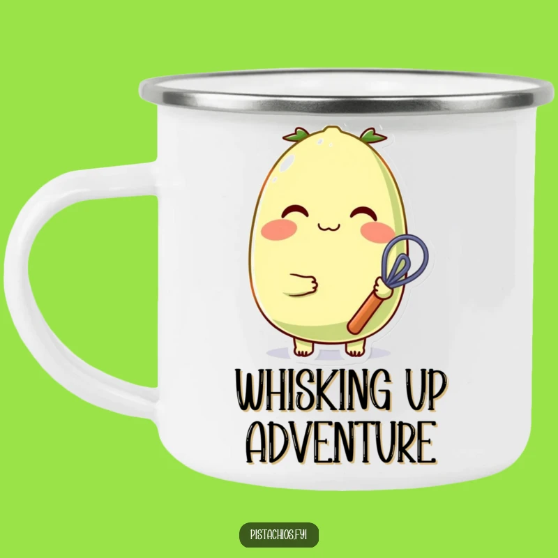 Funny Enamel Pistachio Camping Mug: Cheerful Baker Character - Outdoor Funny Gift!