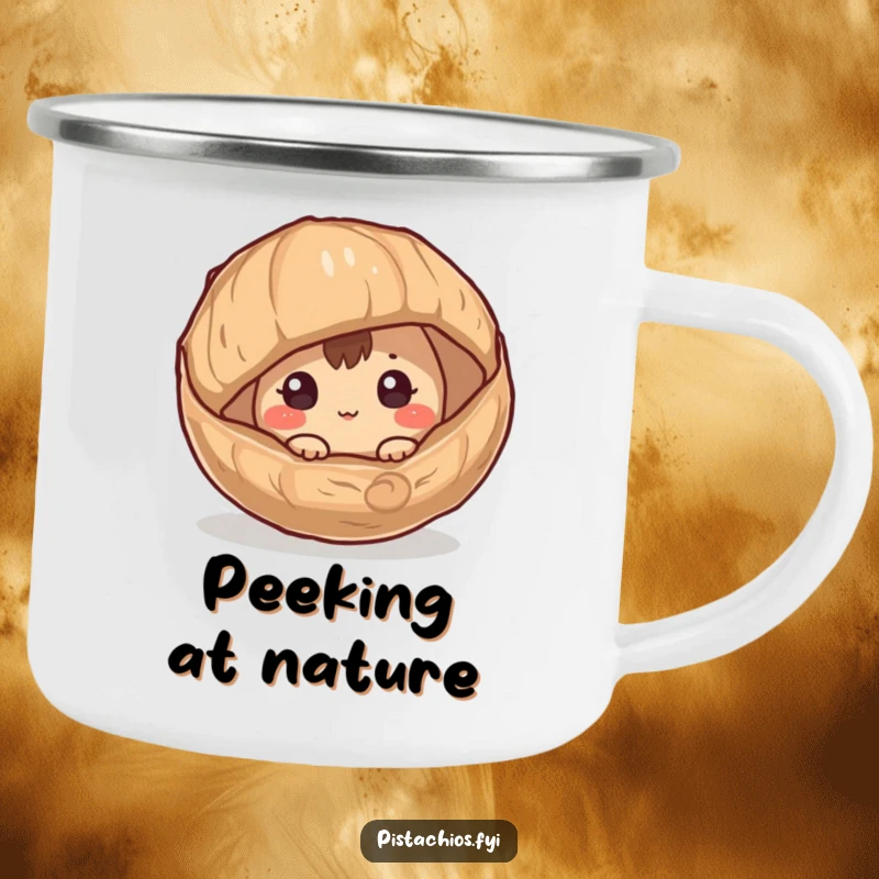 Funny Hazelnut Camping Mug: A curious hazelnut character peeking from its husk, ready for any outdoor adventure with a humorous touch.