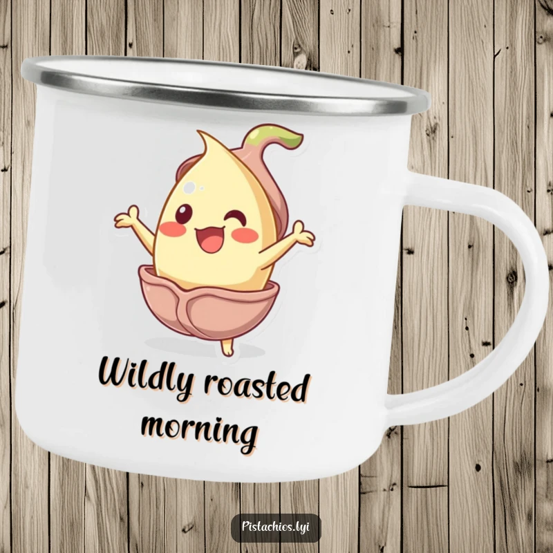 Funny jubilant pistachio nut character bursting from its shell on a camping mug, perfect for outdoor nuttiness and humor.