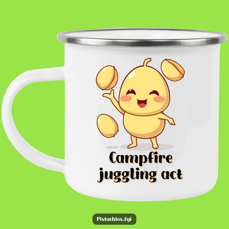 Funny Juggling Pistachio Camp Mug - Smiling Character Outdoor Gift