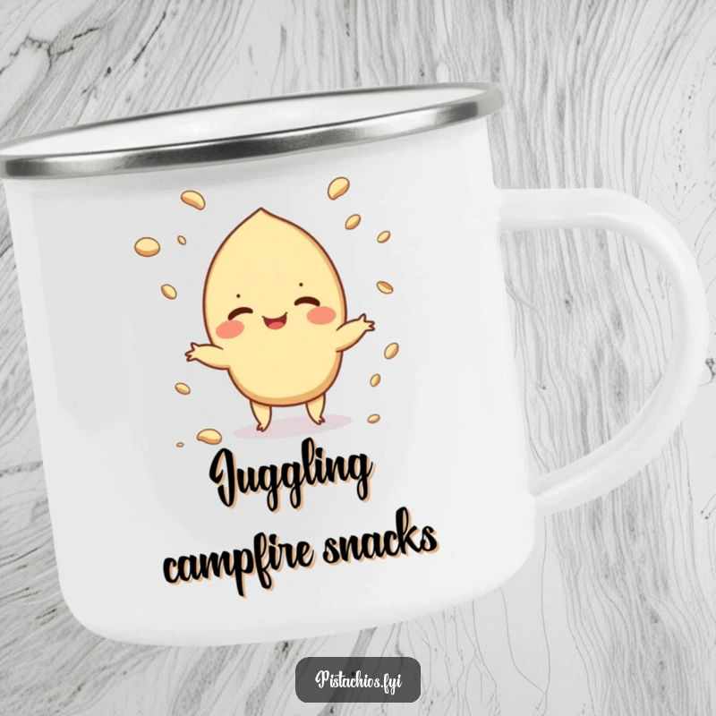 Funny camping mug with a juggling pistachio, perfect for enjoying drinks outdoors with a humorous, messy theme.