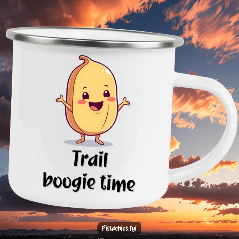 Funny Camping Mug: A delighted nut character doing a cheerful shimmy, designed for outdoor adventures and your favorite hot beverage.