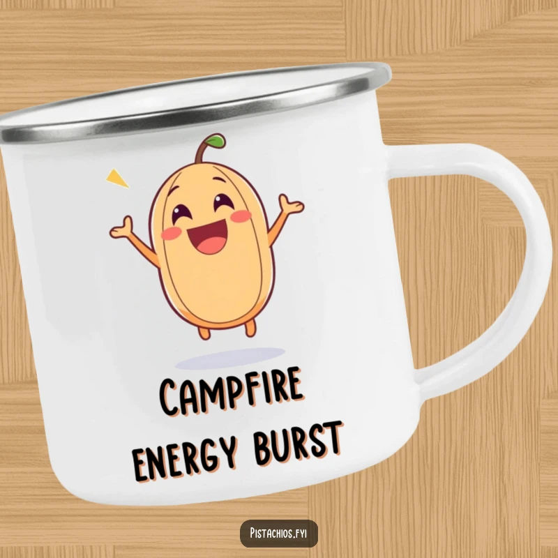 Funny nut camping mug showing an excited nut character bouncing with joy, perfect for enjoying beverages in nature.