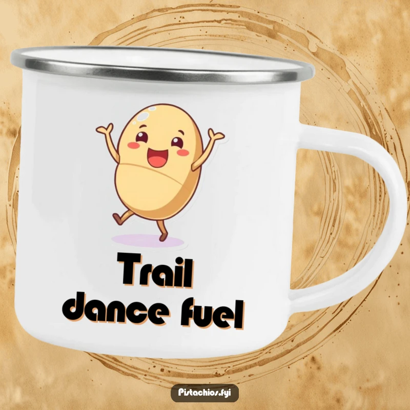 Funny nutty dance camping mug, cheerful shelled nut character dancing joyfully, rugged and humorous for outdoor use.