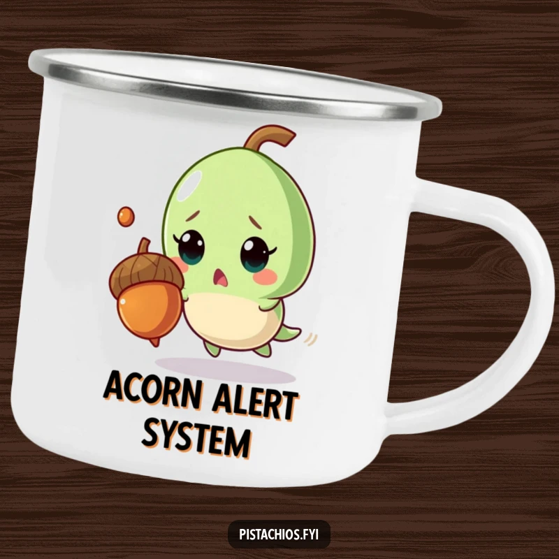 Funny camping mug with a surprised pistachio character comically avoiding a falling acorn, evoking outdoor mishap humor.