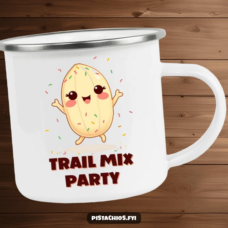 Funny camping mug with a delighted pistachio character dancing with colorful sprinkles, evoking cheerful outdoor moments.