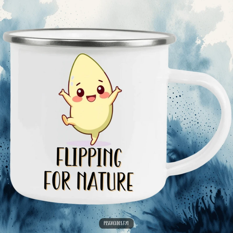 Funny pistachio camping mug featuring a cheerful character mid-cartwheel, perfect for outdoor use and energetic humor. A great funny gift.