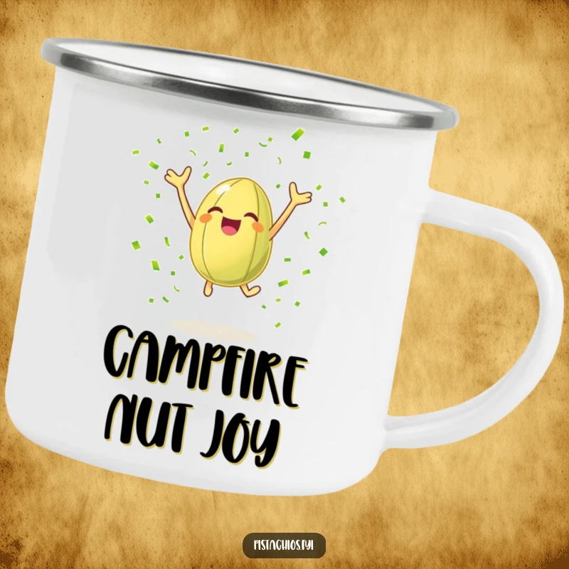 Funny camping mug showing a cheerful pistachio nut leaping with joy surrounded by green confetti, ideal for outdoor enthusiasts who love humor.